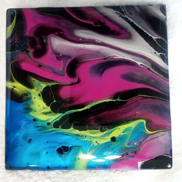 Hand Crafted Painted Tile Coasters Metallic Acrylic Fluid Art Painting Home - Picture 5 of 11